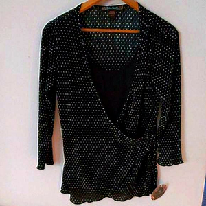 Madison Michelle Polka Dot‎ Wrap Front Blouse Black White M